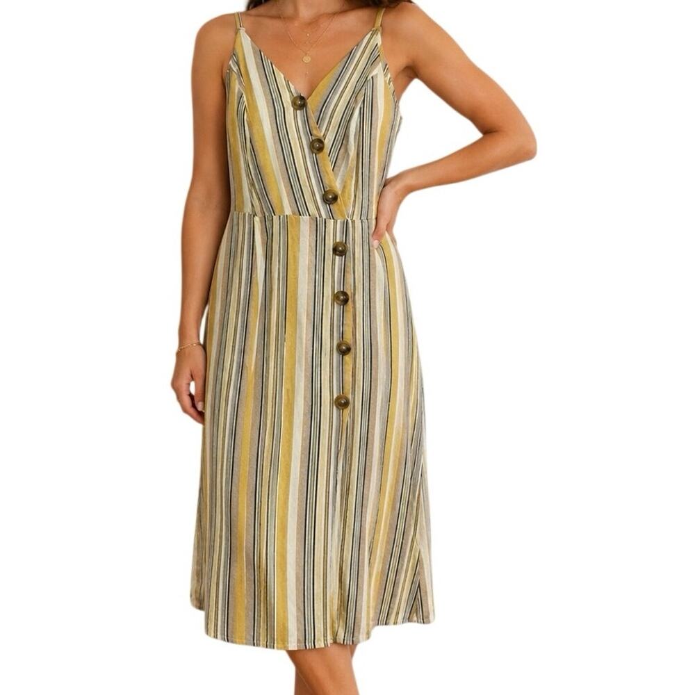 Naïf Linen Blend Stripe‎ Midi Dress Women's Spaghetti Strap Button Front Small